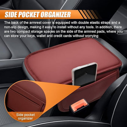 Car Center Console Cover, Leather Waterproof Auto Arm Rest Pad with Storage Bag, Scratch Resistant Middle Console Protector, Comfortable Vehicle Interior Accessories for Sedan SUV (Burgundy)