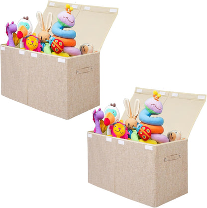 2 Pack Large Toy Box Chest Storage with Flip-Top Lid, Sturdy Kids Toy Storage Bin Boxes Container for Boys, Girls, Nursery, Closet, Bedroom, Playroom 25"x13" x16"(Linen Beige)