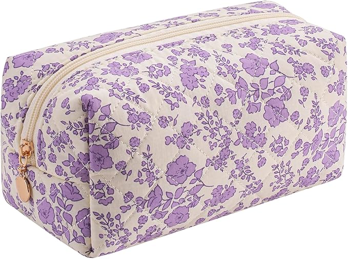 Gleyemor Small Quilted Makeup Bag for Women, Cute Floral Bow Cosmetic Bag, Emergency Bag Travel Toiletry Cotton Pouch Gifts for Girls Her Mom Friend Sister Bridesmaid (Purple Floral)