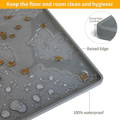 Ptlom Grey Pet Placemat for Dog and Cat, Waterproof Anti-Slip Pet Feeding Bowl Mats for Food and Water, Small Medium Large Tray Mat Prevent Residues from Spilling to Floor, Silicone, 31.5" 23.6"