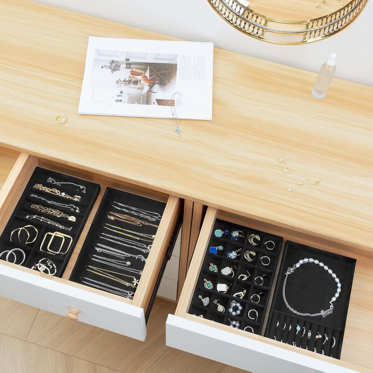 ProCase Stackable Jewelry Organizer Trays for Drawers, Jewelry Drawer Inserts Container Display Case Storage for Earring Necklace Rings Bracelet with Removable Dividers -Allblack, 4 Layers