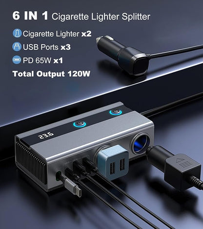 Retractable Cigarette Lighter Splitter, USB Car Charger Adapter with PD 65W, 2 Sockets with Independent Switches, TSNAM 12V/24V Car Splitter with LED Display