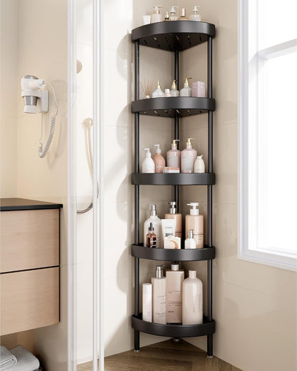 Nieifi Corner Shower Caddy Stand-5 Tier Rustproof Anodized Aluminum Standing Shower Organizer-Shower Caddy Corner-Dual Stability to Anti-Shaking-Height-Adjustable Legs for Uneven Surfaces-Black