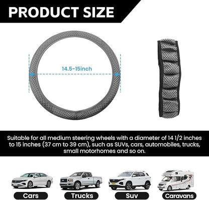 Elastic Stretch Car Steering Wheel Cover, Comfortable Steering Wheel Cover Universal for 14.5-15 Inch, Warm in Winter & Cool in Summer, Anti-Slip Breathable Ice Silk (Gray)