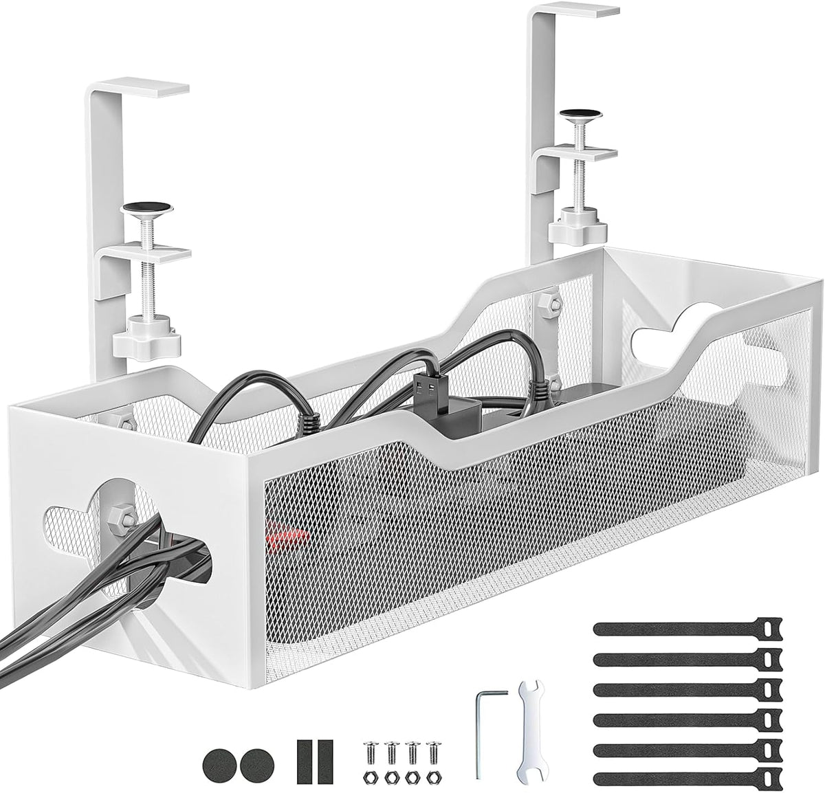 Under Desk Cable Management Tray White, Litwaro Cable Management Under Desk No Drill, Cable Organizer with Clamp for Wire Management, Cord Organizer for Office, Home No Damage to Desk