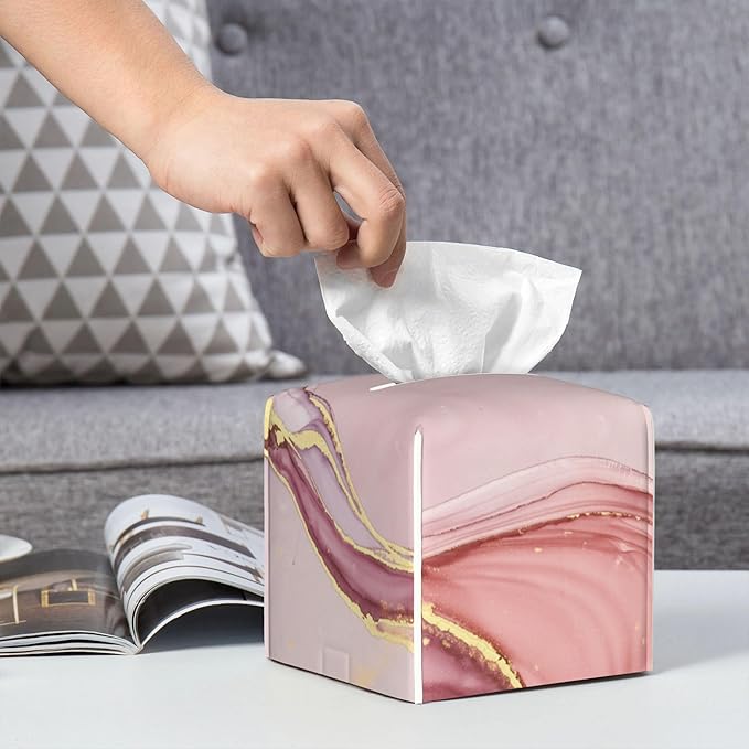 Tissue Box Cover Square, Pink Golden Liquid Marble Leather Tissue Box Holder Decorative Organizer for Bathroom, Home Office Car Decor