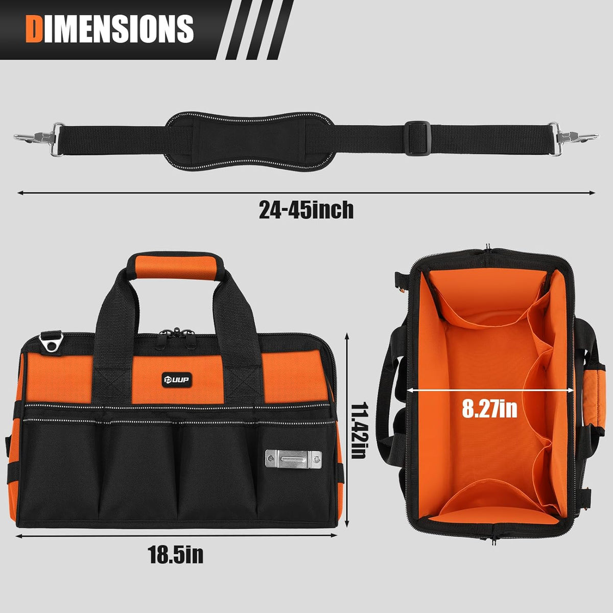 Heavy Duty Tool Bag 18-Inch, 16-Pocket Portable Soft Tool Box Organizer Storage, Handle Tactical Carry Tote Empty Toolbox with Large Zipper, Father Day Dad Men Gift for Mechanic Engineer, Orange