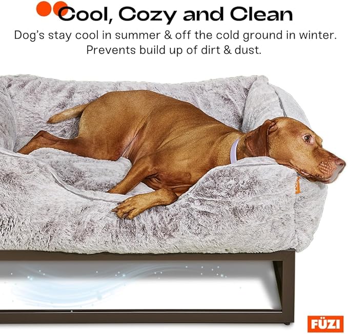 FUZI Elevated Dog Bed Medium with Extra Cover, Luxury Raised Dog Beds, Removable and Machine Washable Bed Cover, Indoor/Outdoor Orthopedic Pet Bed, Medium 31.75x23.6x18 Soft White and Black Base