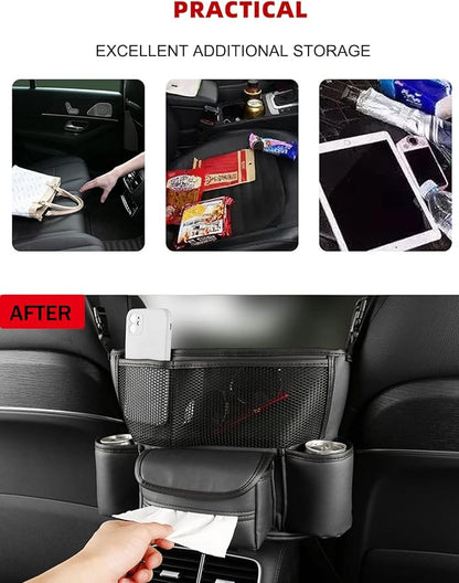 Car Pocket Handbag Holder - Leather Seat Back Organizer Barrier for Backseat Pet & Kids (Black with Tissue Box)