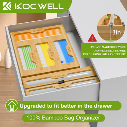 Bamboo Bag Storage Organizer - 2 Wrap Dispenser with Cutter & 4 Slots Food Storage Bags Container - Kitchen Drawer Plastic Bags Storage Organization for Gallon Quart Sandwich Snack Bags