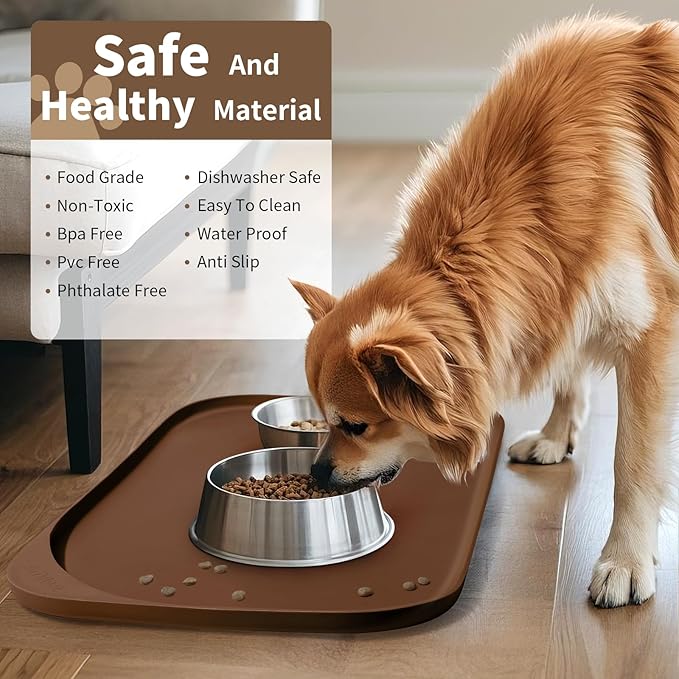 Smilool Silicone Pet Food Mat with Raised Edge for Food and Water Bowl, Dog Feeding Mats, Cat Food Trays for Floor Waterproof, Rubber Tray for Dogs and Cats, 24 x 16 x 0.8 Brown