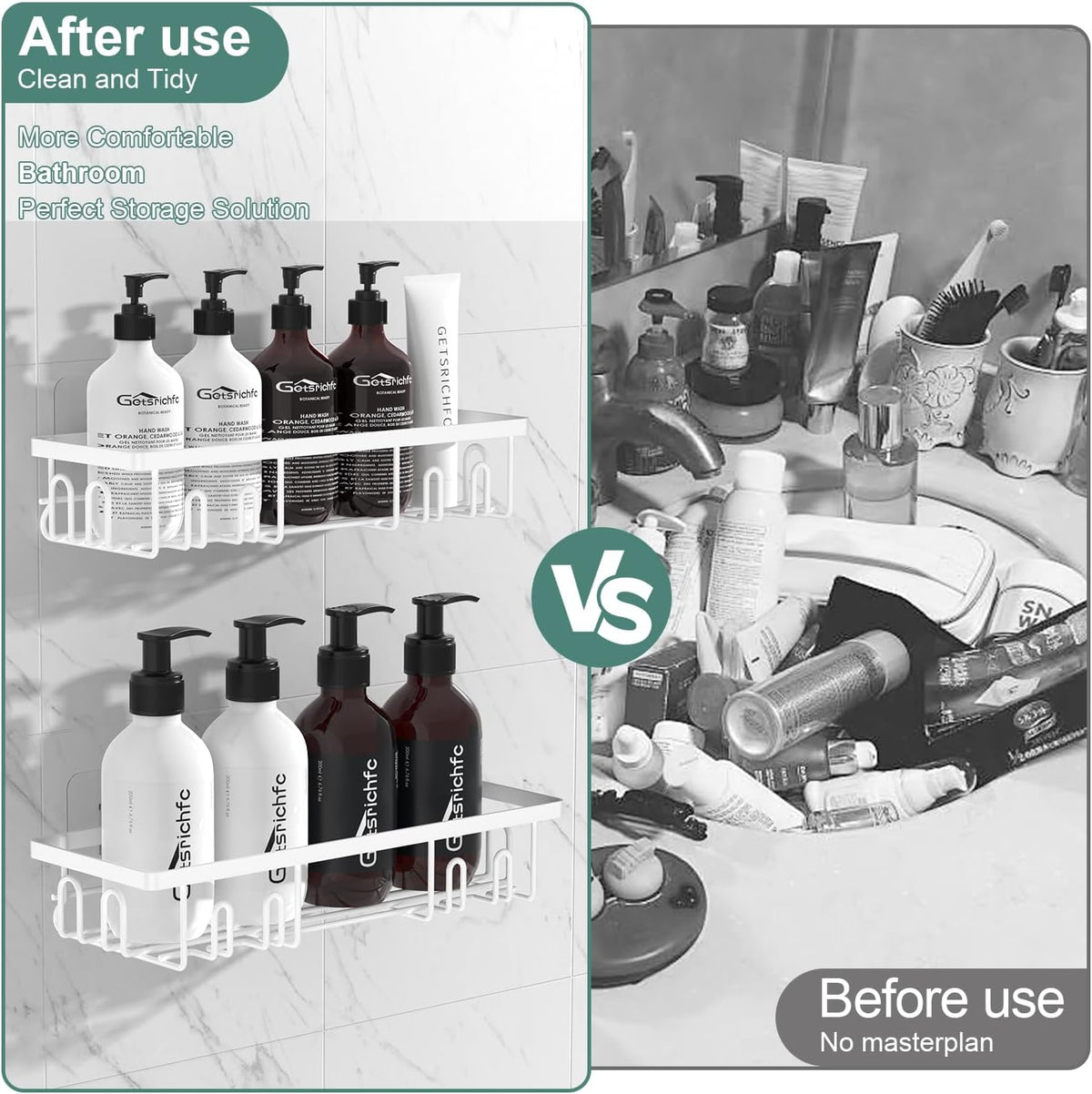 2025 New Adhesive Shower Caddy, Shower Shelves with 16 Hooks, White 2 Pack