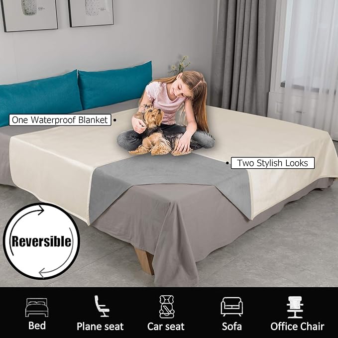 Ameritex Pet Bed Blanket Reversible 100% Waterproof Velvet Super Soft for Sofa and Bed (68x82 Inches, Cream+Beige)