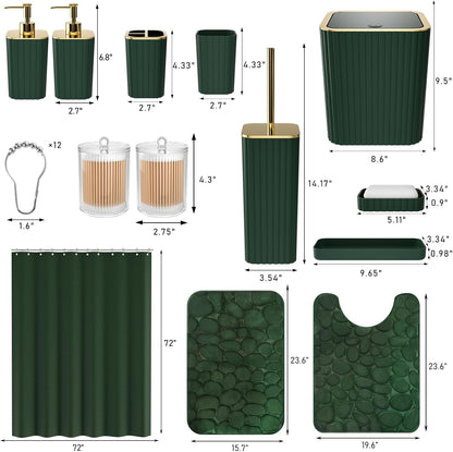 Bathroom Accessory Set - 25PC Green Bathroom Sets, Bathroom Set with Shower Curtain and Rugs, Dark Green Shower Curtain Set, Trash Can, Qtip Holder Dispenser & Soap Dispenser
