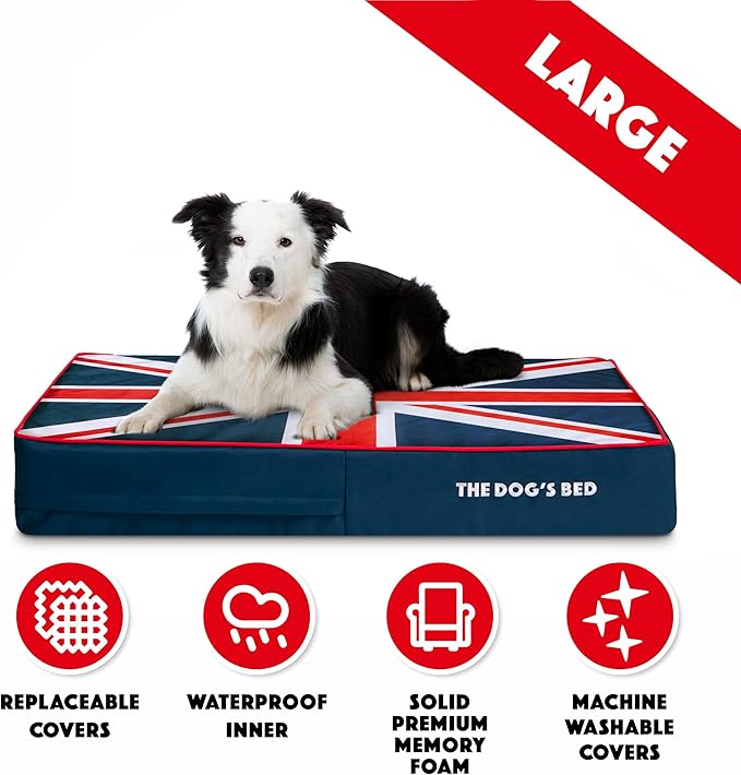 The Dog’s Bed Orthopedic Memory Foam Dog Bed, Large Blue & Red Trim UK Center Flag, Pain Relief for Arthritis, Hip & Elbow Dysplasia, Post Surgery, Supportive, Waterproof Washable, Veterinary Approved