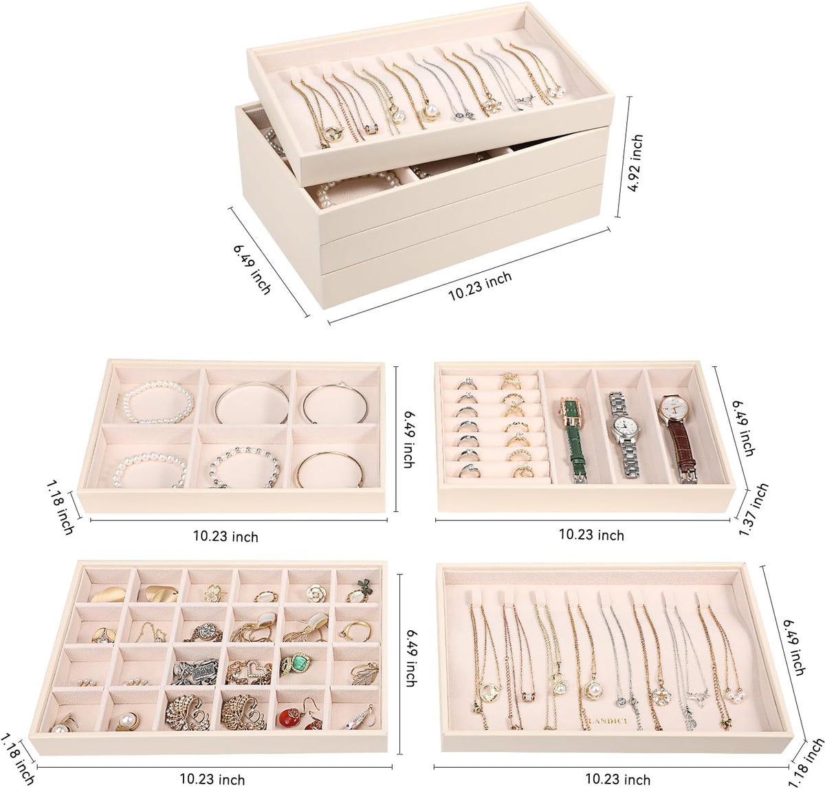 LANDICI Stackable Jewelry Organizer Trays 4 Set,PU Leather Jewelry Organizer Drawer,Jewelry Storage Display Tray for Earring Necklace Rings Bracelet with Removable Dividers,Apricot