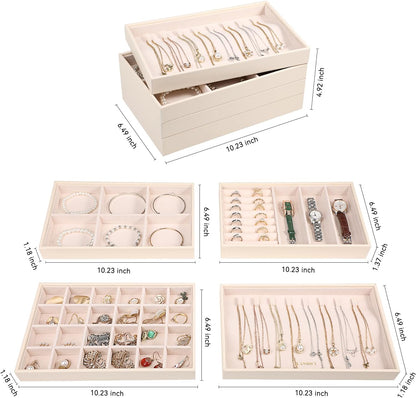 LANDICI Stackable Jewelry Organizer Trays 4 Set,PU Leather Jewelry Organizer Drawer,Jewelry Storage Display Tray for Earring Necklace Rings Bracelet with Removable Dividers,Apricot