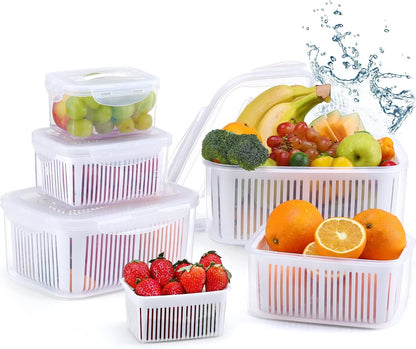 LUXEAR Larger Fruit Vegetable Produce Storage Saver Containers with Lid & Colander 5 Packs BPA-Free Plastic Fresh Keeper Set | Refrigerator Fridge Organizer | for Salad Berry Lettuce Food Celery