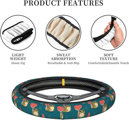 Mushroom Frog Steering Wheel Cover Women Men Elastic Stretch Soft Car Wheel Protector Universal Breathable No-Slip Car Accessories for Truck Van SUV Auto Fit 14-15 Inches