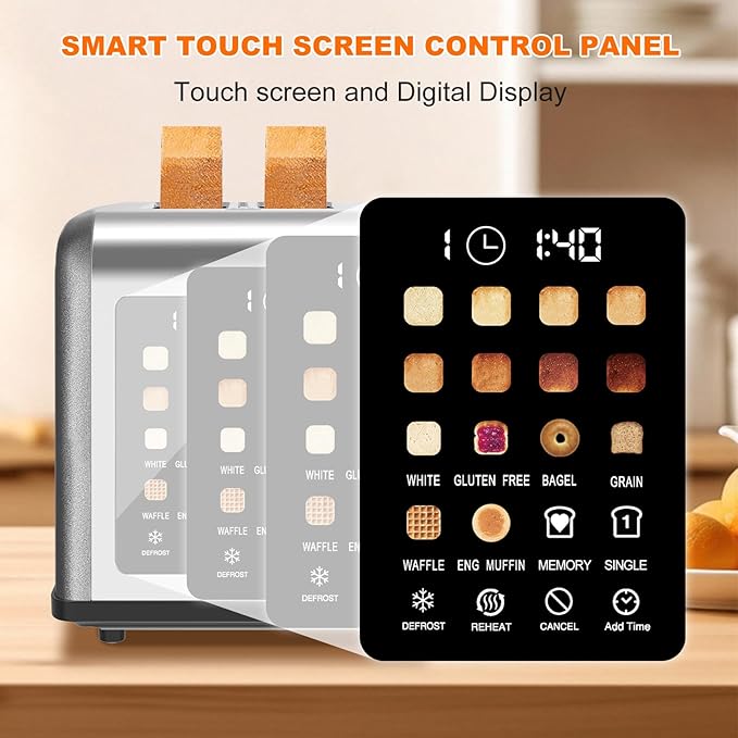 2 Slice Toaster Touch Screen, Stainless Steel Toasters Digital Timer 2 Slot