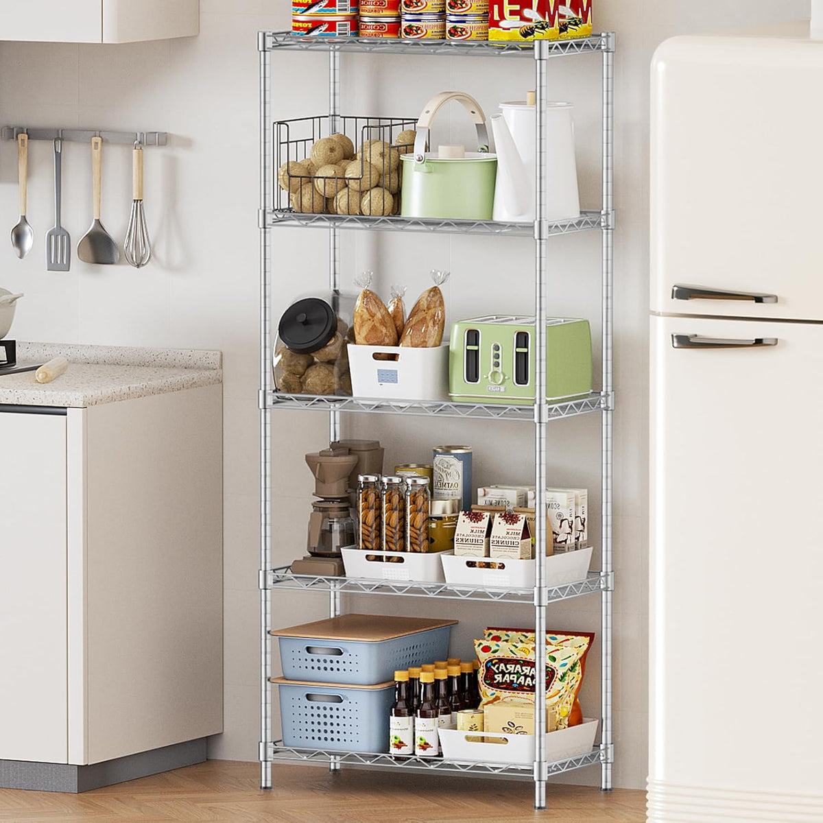 Storage Shelves,21.3"W*11.8"D*58.5"H Kitchen Wire Shelving Unit Loads 550LBS,5-tier Adjustable Metal Utility Shelf,Garage Shelves,Home Storage Rack for Kitchen,Laundry,Pantry and Closet,Chrome