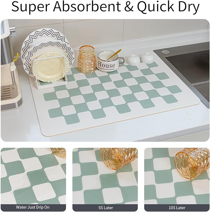 Large Dish Drying Mats for Kitchen Counter 24''x16'' Black Sage Beige Checkered Non-slip Coffee Espresso Accessories,Sage Checkered