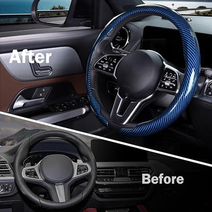 Car Steering Wheel Cover Carbon Fiber Snap On Steering Wheel Accessories Wrap 14.5-15 inch Universal Grip Anti-Skid Protector, Glossy Blue