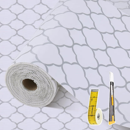 Shelf Liners for Kitchen Cabinets 23.6in x 30FT Non Adhesive Drawer Liner Silver Quatrefoil Shelf Liner Paper Strong Non-Slip Easy to Clean for Tool Box Refrigerator with Knife and Tape Measure
