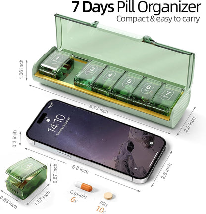 Weekly Pill Organizer,Portable 7 Day Pill Box,Moisture Proof Medicine Pill Organizer,Travel Pill Case with BPA-Free Material,Pocket-Size for Supplements & Vitamins (Green)