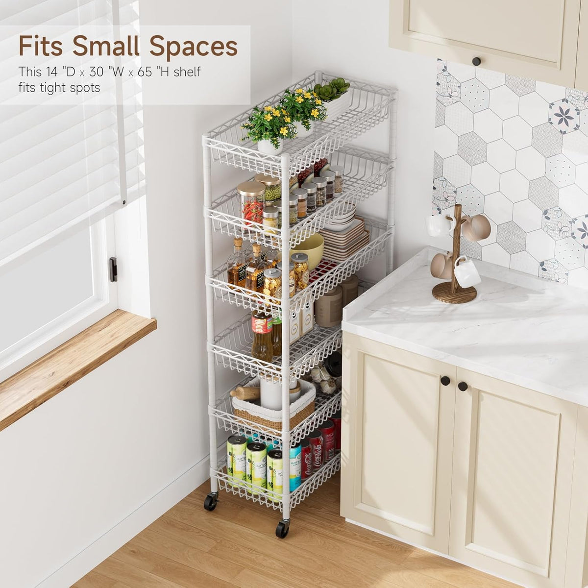 6 Shelves Storage Shelf Wire Closet Bathroom Organizers Metal Pantry Kitchen Garage Shelving Unit Laundry Room Organization Home Rack Net Basket White with Wheels 30" Dx14 Wx65 H
