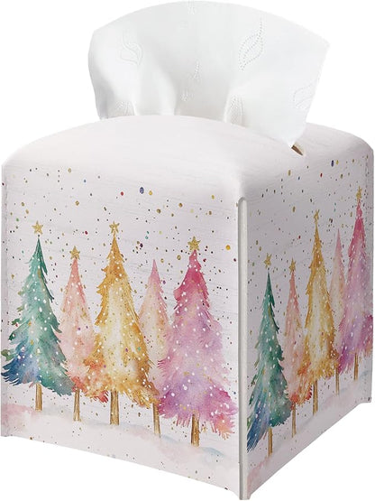 Christmas Tissue Box Holder, Colorful Christmas Tree Leather Tissue Box Cover Square, Paper Facial Decorative Tissues Cover for Night Stands Bathroom Kitchen Office Car Home Decor-B18