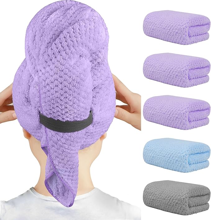 HOMEXCEL 5 Pack Microfiber Hair Towels - 40 x 20 inches Super Soft, Fast Drying Turbans for Long, Thick, Curly Hair - Anti Frizz Wrap with Elastic Strap, Purple/Blue/Grey