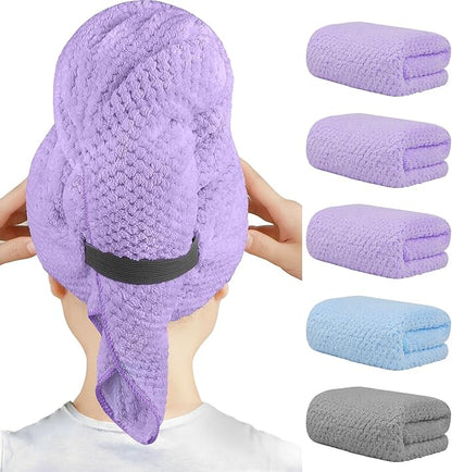 HOMEXCEL 5 Pack Microfiber Hair Towels - 40 x 20 inches Super Soft, Fast Drying Turbans for Long, Thick, Curly Hair - Anti Frizz Wrap with Elastic Strap, Purple/Blue/Grey