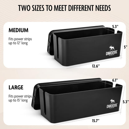 DMoose Cable Management Box - 2 Pack Medium & Large Cord Organizer for Desk & Floor, Cable Organizer Box for Child & Pet - Cable Box Hider for Tidy Office & Home, Power Strip Cover (Black - Pack of 2)