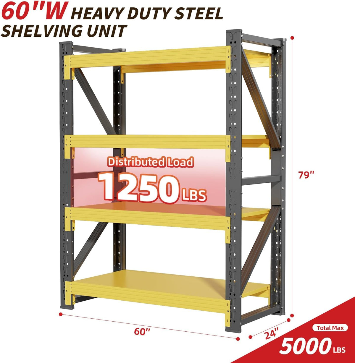 60" W Garage Shelving,4-Tier Heavy Duty Storage Shelves Unit with Adjustable Metal Shelf for Warehouse,Basement,Workshop,5000LBS,60" W x 24" D x 79" H,Black&Yellow