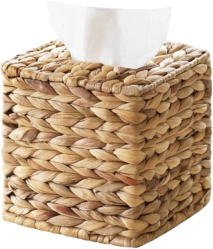 Tissue Box Cover, Square Wicker Tissue Box Holder Facial Tissues Boxes, Hand Woven Napkin Box Tissue Holder for Bathroom Bedroom Office Table Desk Night Stand, Boho Decorative, Natural
