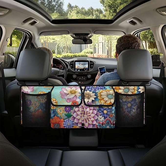 Boho Car Trunk Organizer Oxford Cloth, Mandala Flower Car Storage Organizer (37.01"*11.8") Portable Car Storage Bag with 4 Pocekt, Hanging Car Organizer for SUV/MPV/Truck, Machine Washable