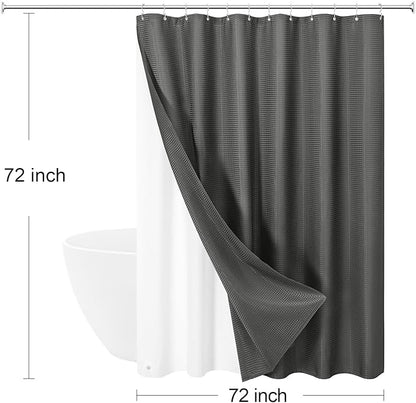 Craidlela 3 in 1 Shower Curtain Set, Charcoal Grey Waffle Fabric Modern Shower Curtain and PEVA Liner Set with 12 Stainless Steel Shower Curtain Hooks, Dark Grey, 72 W x 72 H