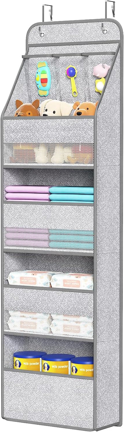 Univivi 5-Shelf Door Storage Over Door Hanging Organizer with 4 Large Pockets and 3 Small PVC Pockets Nursery Closet Cabinet Wall Mount Hanging Storage Organizers for Baby Nursery (Grey Pattern)