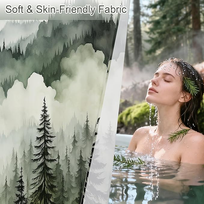 Litabel Dark Green Extra Long Misty Pine Forest Shower Curtain 72 x 84, XL Mountain Foggy Woodland Scenery Tree Shower Curtains for Bathroom, Abstract Waterproof Nature-Themed Decor