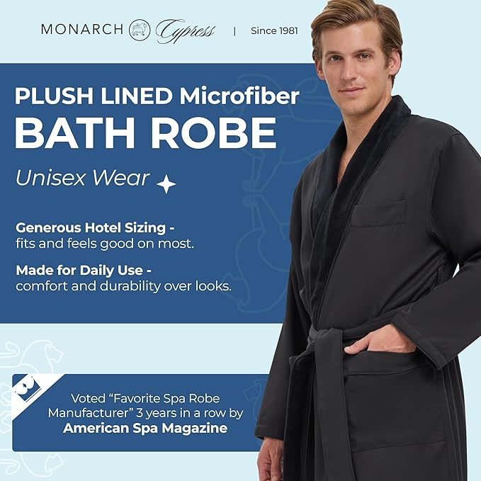 MONARCH Unisex Plush Lined Microfiber Bath Robe - Soft Shell with Polyester Lining, Resort-Grade Hotel & Spa Robe with Pocket