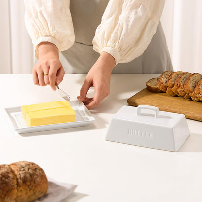 Kook Ceramic Extra Large Butter Dish with Lid, Holds 2 Sticks, Fits East Coast , West Coast, European style and Kerrygold butter, Kitchen Countertop Butter Keeper, Serving Tray with Cover, White
