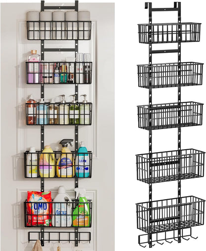 Adjustable Over The Door Organizer, Metal Hanging Door Organizer with 5 Wire Basket 7 Hooks, Wall Mounted Shelf for Pantry Laundry Organization and Storage, Black