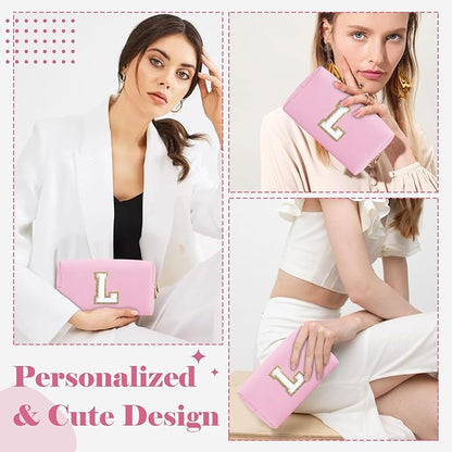 Personalized Initial A-Z Preppy Patch Makeup Bag,Small PU Chenille Letter Cosmetic Bag with Zipper for Teen Girls,Pink Cute Toiletry Organizer Bag,Monogram Makeup Case Gift for Women Girls,Letter L