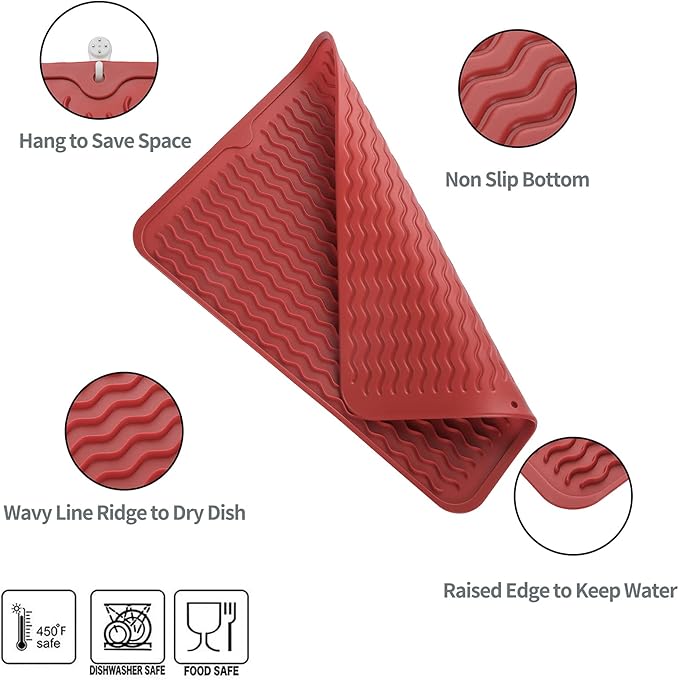 Silicone Dish Drying Mat for Multiple Usage,Easy clean,Eco-friendly,Heat-resistant Silicone Mat for Kitchen Counter or Sink,Refrigerator or drawer liner Red L 16 inches x 12 inches