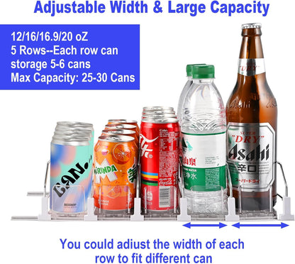 Drink Organizer for Fridge (Adjustable Width), 16.5” D Soda Can Fridge Drink Organizer, Refrigerator Beverage Organizers and Storage, Drink Dispenser Pop Can Holders for Fridge (5 Rows)