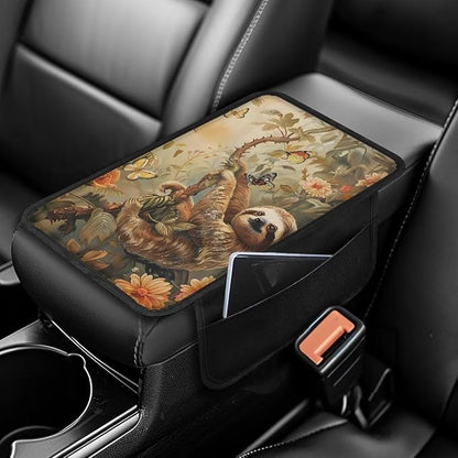 Butterfly Sloth Floral Print Car Center Console Cover Waterproof Automobile Armrest Covers Scratch-Resistant Car Armrest Cover Cushion Car Armrest Storage Box Mat Car Armrest Cover Cushion