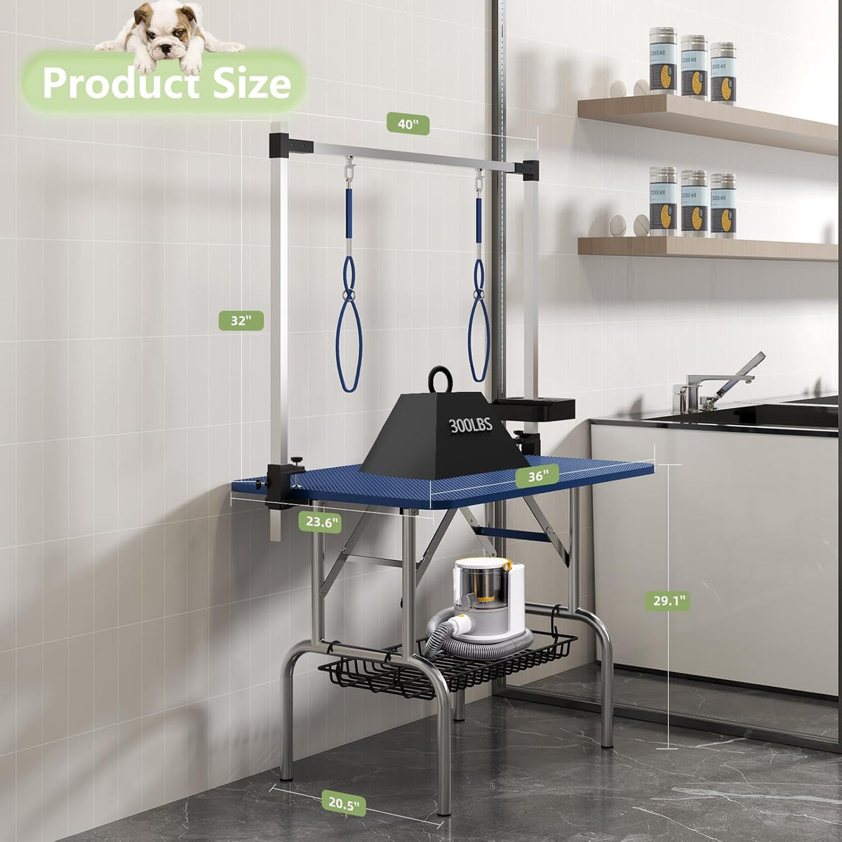 VFK 36''/47''Large Dog Grooming Table, Foldable Pet Station at Home, Dog Grooming Table,Adjustable Cat Drying Desktop with Arms, Nooses, Mesh Tray (Stainless Steel pet Table, 36" Blue)