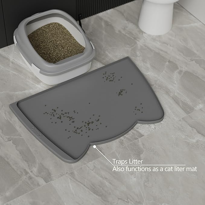 OHMO Dog Food Mat(Dark Grey, 24 * 15'') w/Residue Collection Pocket Silicone Pet Feeding Mat for Floor High Edges Anti Spills Waterproof Cat Water Bowl Tray, Easy Clean Placemat