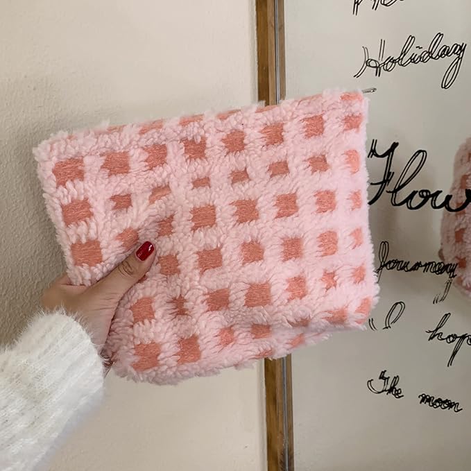 Makeup Bags for Purse Zipper Cosmetic Pouch Large Travel Make Up Organizer Tool Pouch for Women and Girls,Fleece Pink
